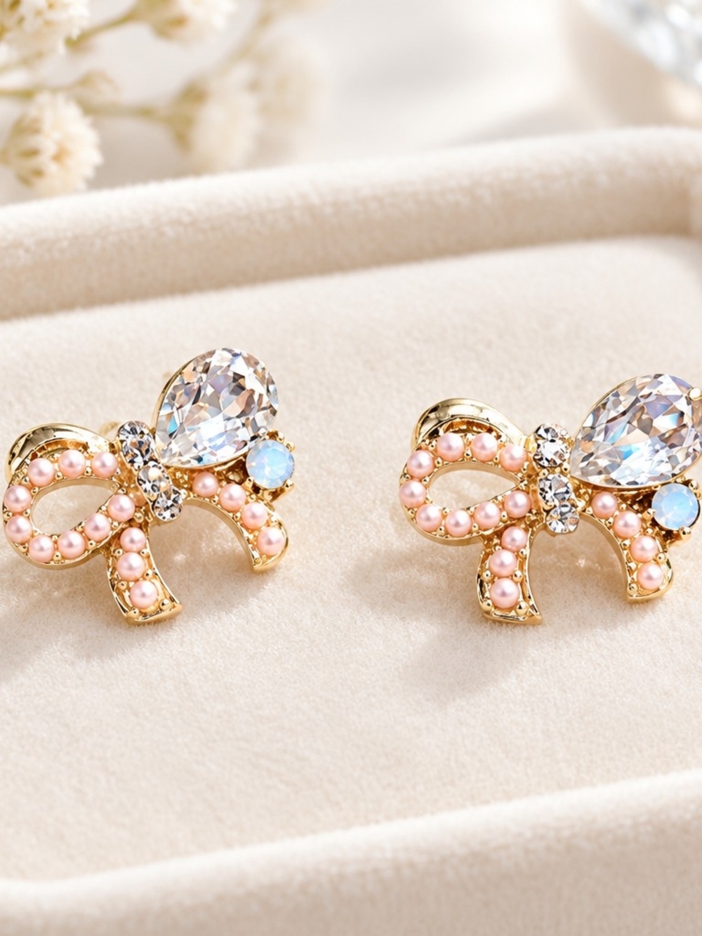 Gold Earrings With Pink Bow And Crystal Accents